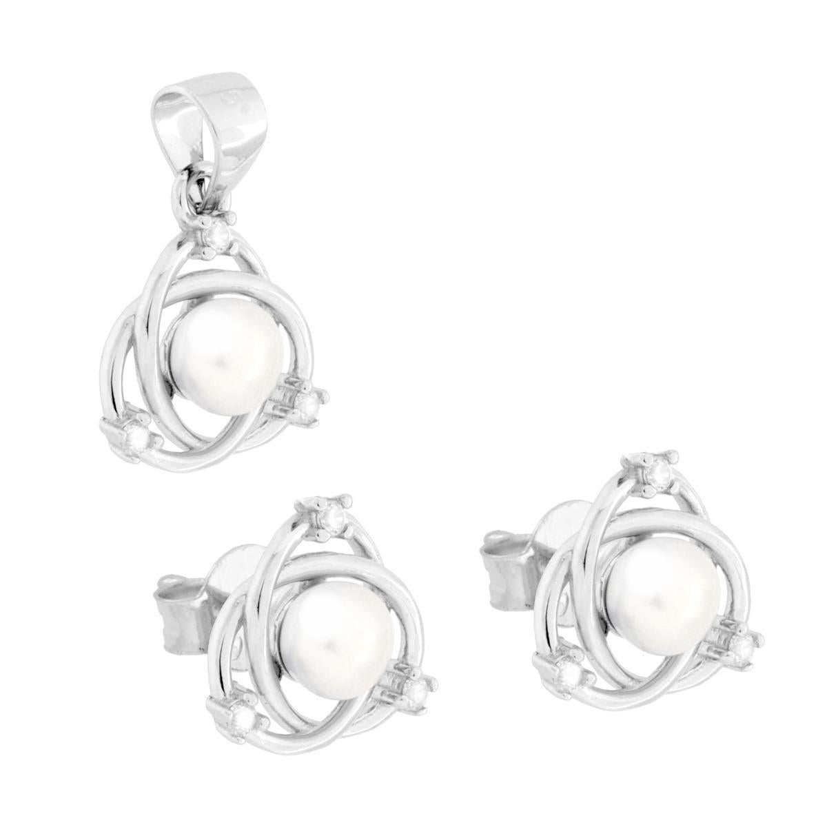 Schmuckset Ohrringe und Anhänger Galaxie mit Perle und weißen Cubic Zirconia, aus 925er Silber, rhodiniert - MeinSchmuckShop