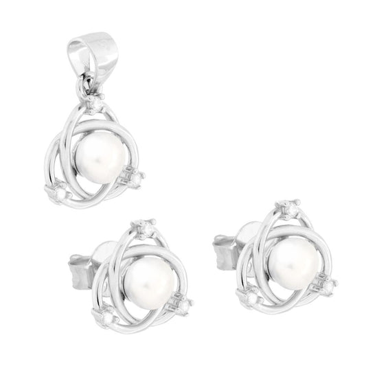 Schmuckset Ohrringe und Anhänger Galaxie mit Perle und weißen Cubic Zirconia, aus 925er Silber, rhodiniert - MeinSchmuckShop