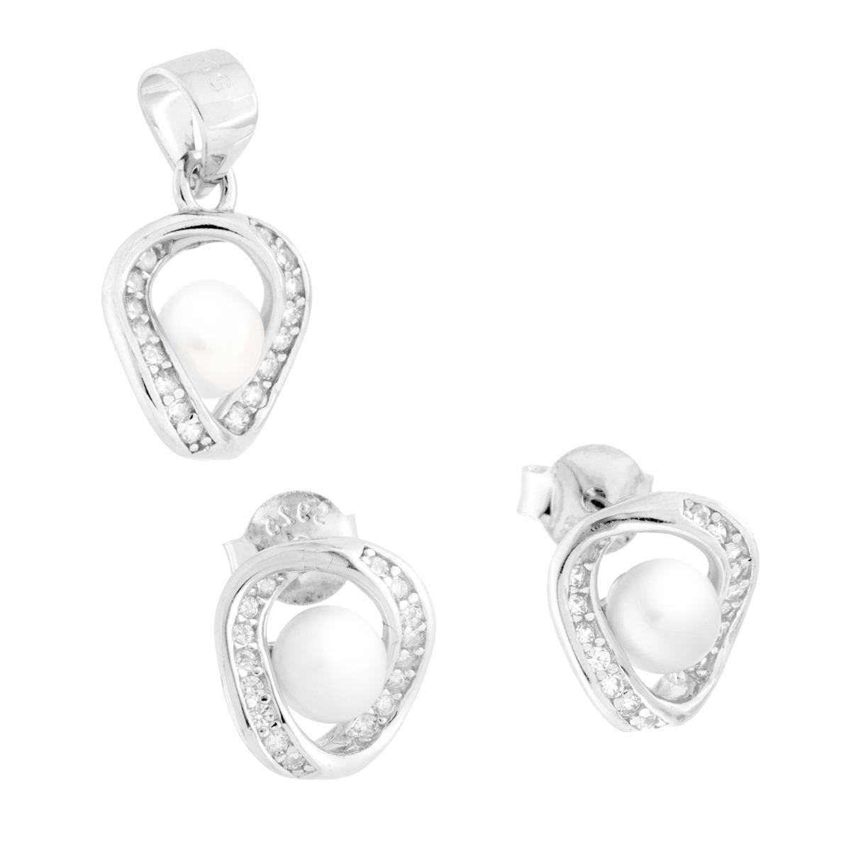 Parureset Ohrringe und Anhänger mit Band, Perle und weißen Cubic Zirconia, in 925er Silber rhodiniert - MeinSchmuckShop