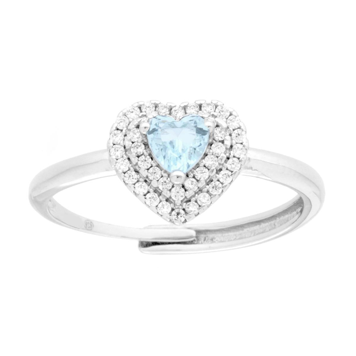 Solitärring mit Herz aus kubischen Zirkonien, Aquamarin und weißen Steinen, in 925er Silber rhodiniert - MeinSchmuckShop
