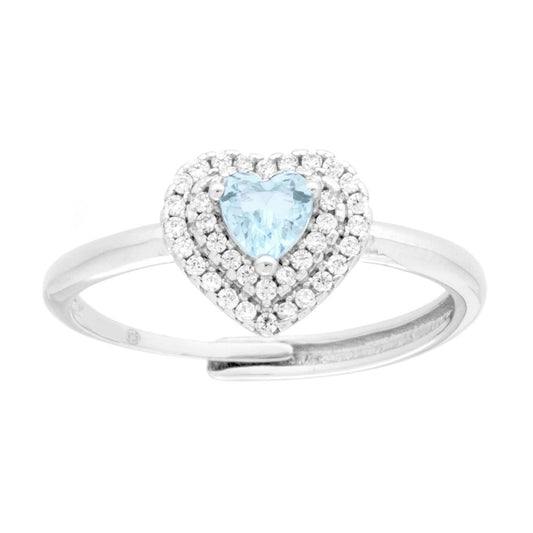 Solitärring mit Herz aus kubischen Zirkonien, Aquamarin und weißen Steinen, in 925er Silber rhodiniert - MeinSchmuckShop