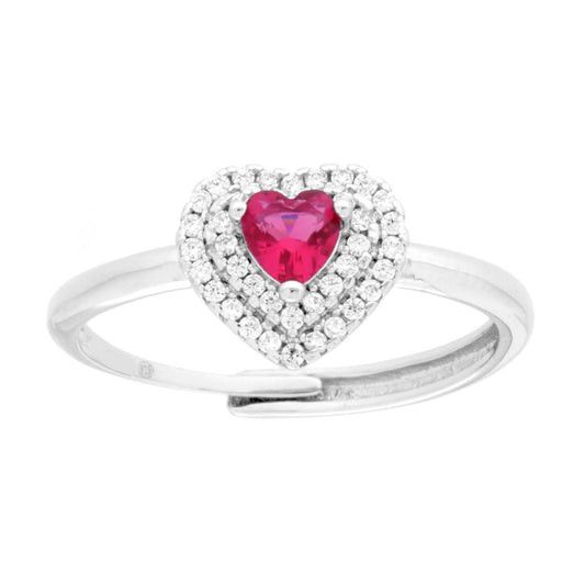 Solitärring mit Herz aus kubischem Zirkon, rubinrot und weiß, in 925er Silber rhodiniert. - MeinSchmuckShop