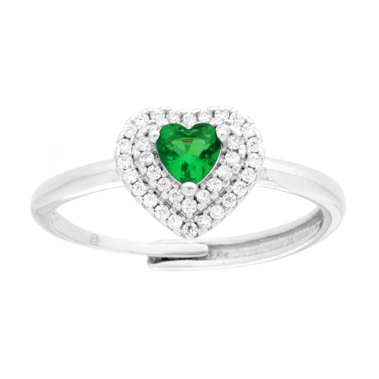 Solitärring mit Herz aus Cubic Zirconia in Smaragdgrün und Weiß, in 925er Silber rhodiniert - MeinSchmuckShop