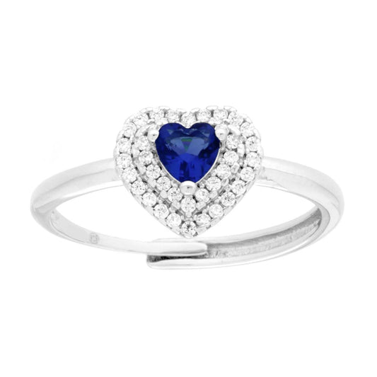 Solitärring mit Herz, blauer Zirkonia (Cubic Zirconia), Saphir und Weißer Zirkonia in 925er Silber, rhodiniert - MeinSchmuckShop