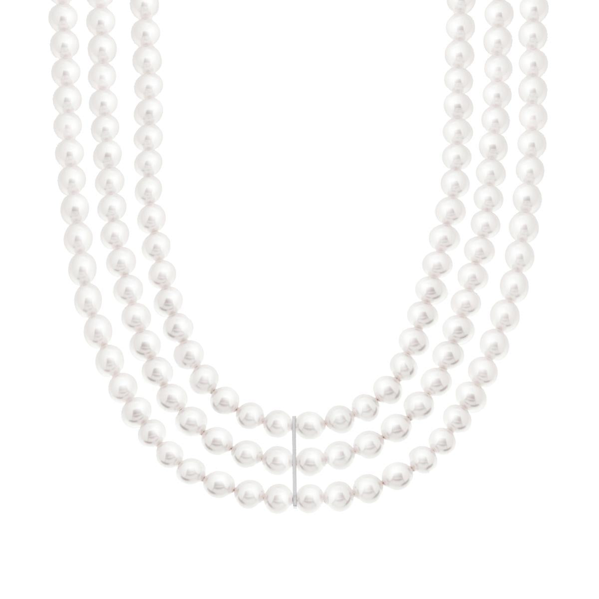 Dreifädige Halskette, weiße Perle, 6 mm, aus perlglänzendem Glas, 925er Silber, Rhodiumbeschichtung. - MeinSchmuckShop