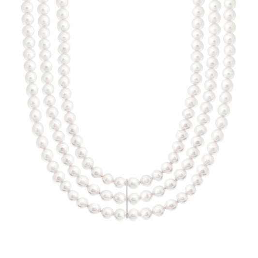 Dreifädige Halskette, weiße Perle, 6 mm, aus perlglänzendem Glas, 925er Silber, Rhodiumbeschichtung. - MeinSchmuckShop