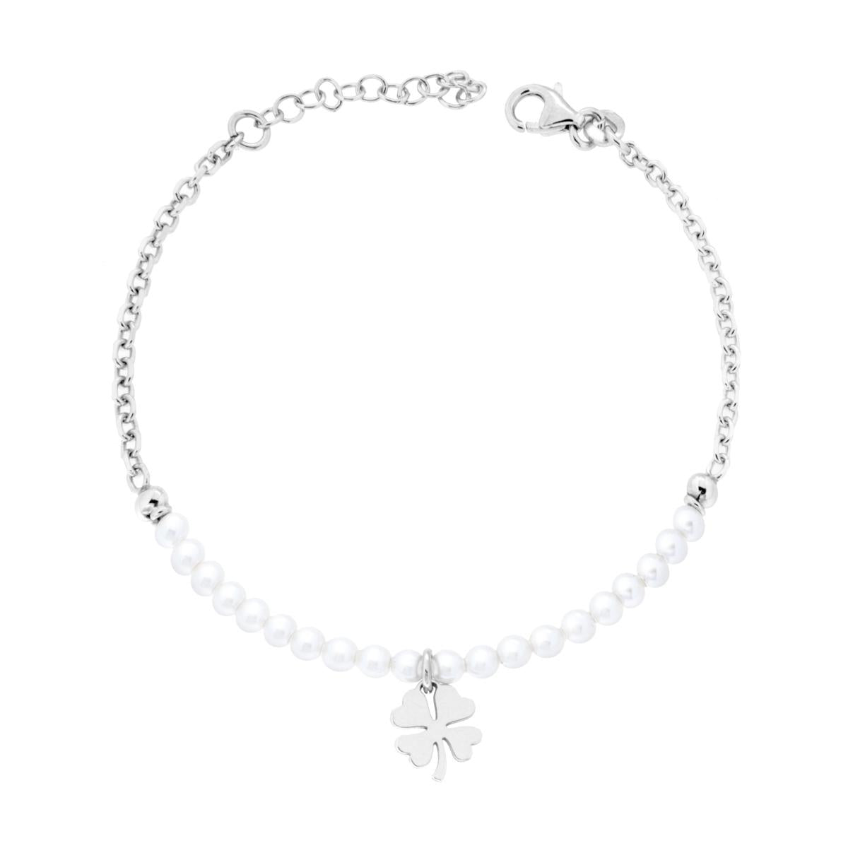 Armband mit diamantierter Kette, weißem Perlenfaden aus perlglas, mit Kleeblatt aus 925er Silber galvanisch rhodiniert - MeinSchmuckShop