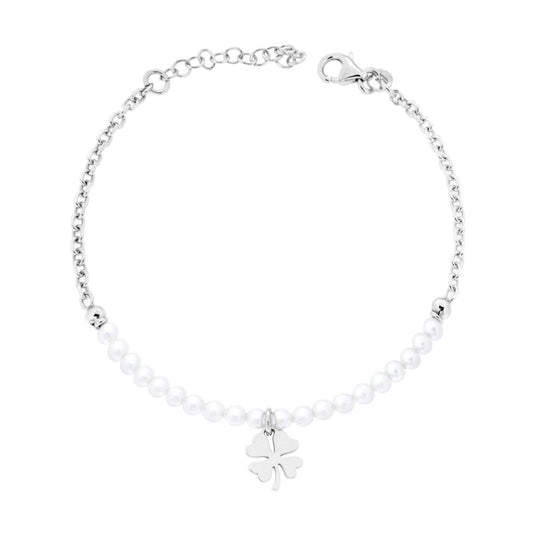 Armband mit diamantierter Kette, weißem Perlenfaden aus perlglas, mit Kleeblatt aus 925er Silber galvanisch rhodiniert - MeinSchmuckShop