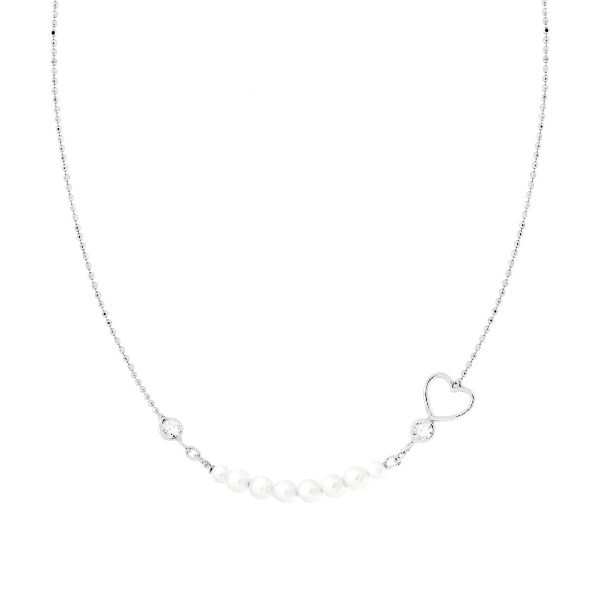 Halskette mit diamantierten Kugeln, mit weißem Cubic-Zirconia-Herz und Perlen, aus 925er Silber, rhodiniert - MeinSchmuckShop