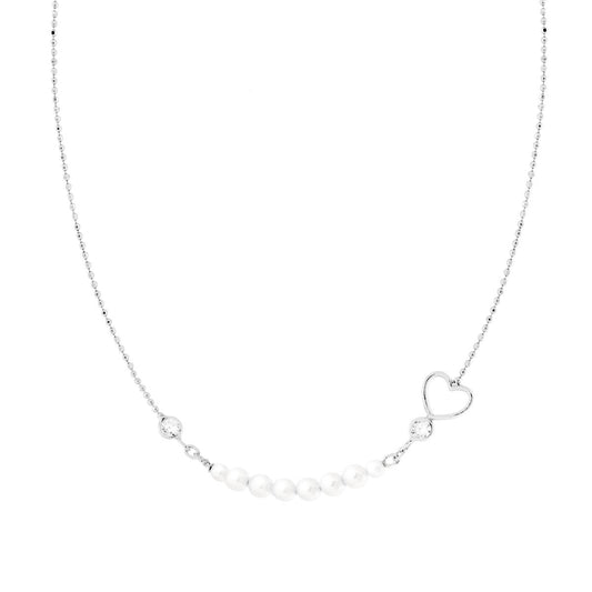 Halskette mit diamantierten Kugeln, mit weißem Cubic-Zirconia-Herz und Perlen, aus 925er Silber, rhodiniert - MeinSchmuckShop