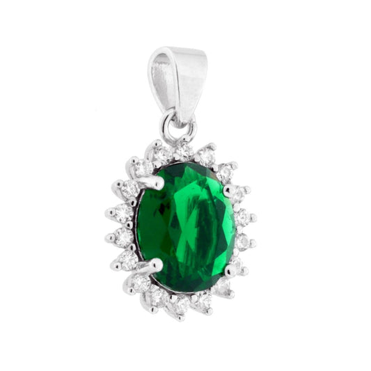 Anhänger Oval Smaragdgrün, von weißen Cubic Zirconia umgeben, aus 925er Silber rhodiniert. - MeinSchmuckShop