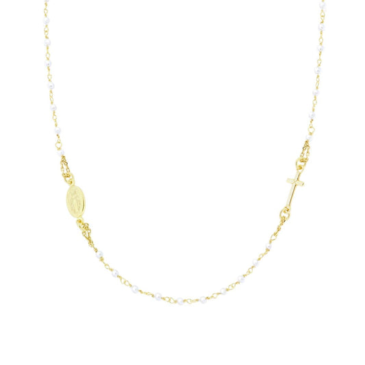 Rosenkranzkette, Modell Girocollo, Länge 50 cm, mit Perlenkügelchen Ø 2,2 mm, mit Kreuz aus Silber 925, goldplattiert. - MeinSchmuckShop