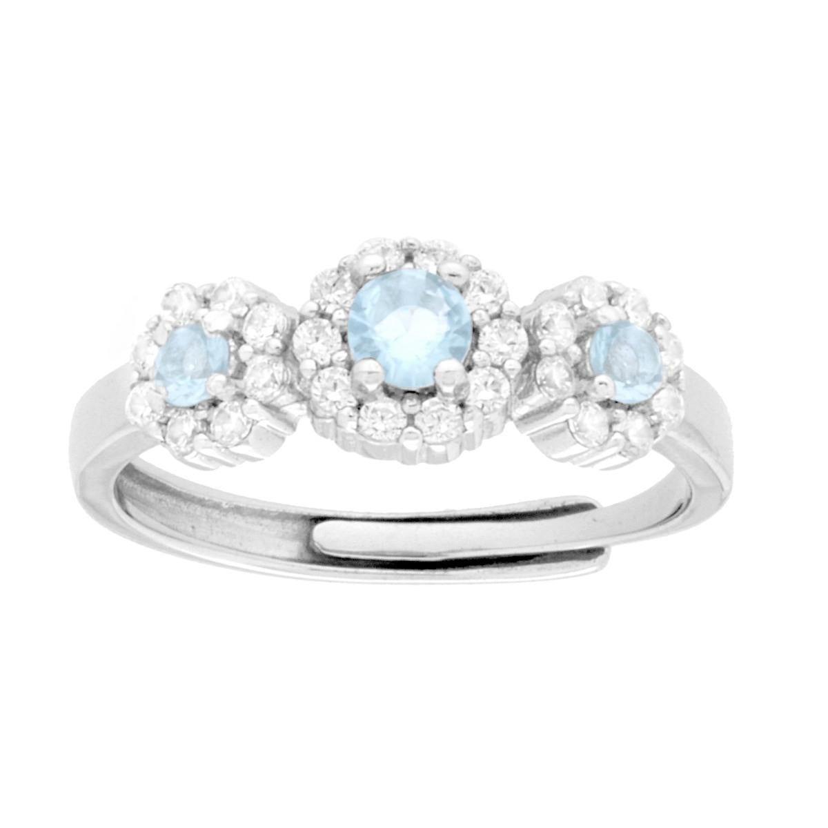 Trilogie-Ring Blume Aquamarin, von weißen Cubic Zirconia umrandet, in 925er Silber galvanisch rhodiniert. - MeinSchmuckShop
