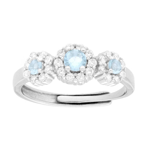 Trilogie-Ring Blume Aquamarin, von weißen Cubic Zirconia umrandet, in 925er Silber galvanisch rhodiniert. - MeinSchmuckShop