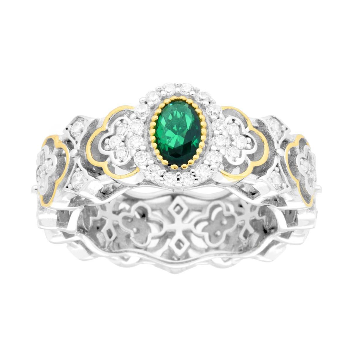 Bandring mit ovalem smaragdgrünen Stein und weißen Cubic-Zirkonia in Silber 925 rhodiniert und vergoldet - MeinSchmuckShop