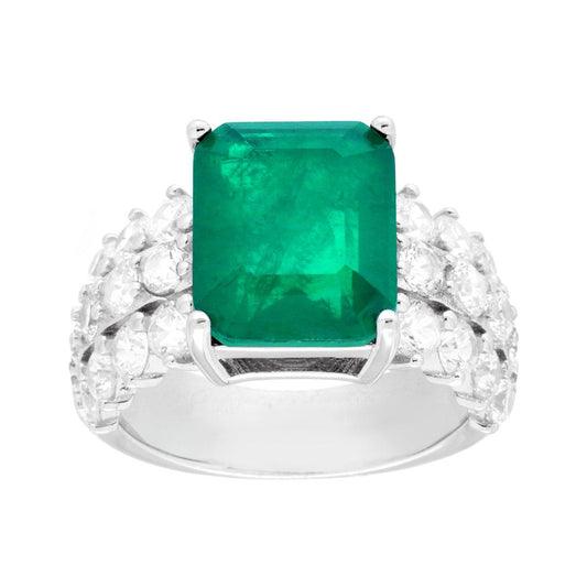 Ringband mit rechteckigem Naturstein in Smaragdgrün und weißen Cubic Zirconia aus 925er Silber rhodiniert - MeinSchmuckShop