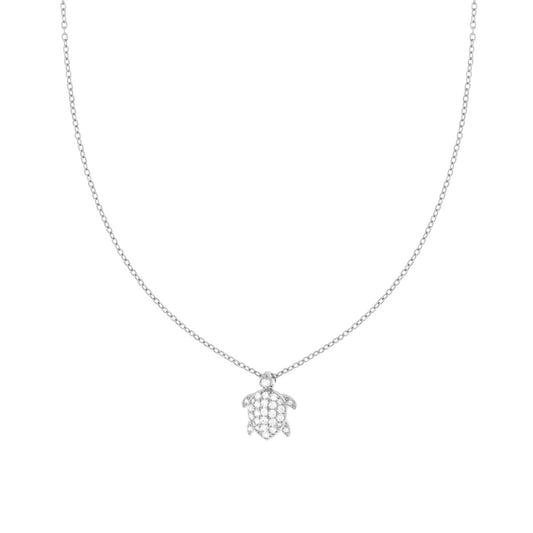 Halskette, feine diamantierte Kette mit Schildkrötenanhänger und weißem Kristall aus Edelstahl und Messing - MeinSchmuckShop