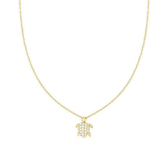 Halskette mit diamantierter Kette, mit Schildkröte und weißen Kristallen aus Edelstahl und Messing, goldfarben - MeinSchmuckShop