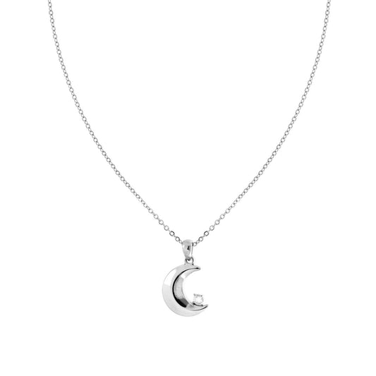 Kette aus Edelstahl mit feiner Gliederkette, Mond und weißem Kristall-Punkt - MeinSchmuckShop