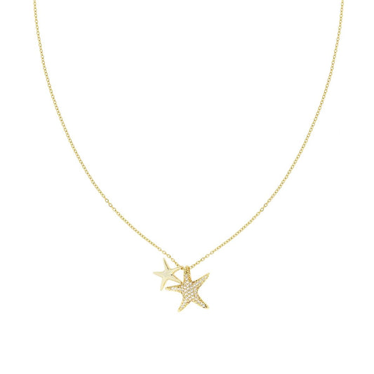 Halskette mit diamantierter Forzatina-Kette, mit Seesternen und Crystal Bianchi, aus Edelstahl und Messing in Goldfarbe - MeinSchmuckShop