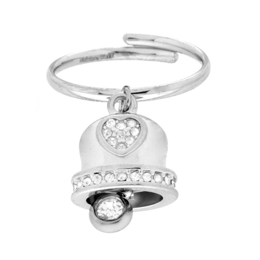 Ring mit hängendem Glöckchen, Herz und weißen Kristallen aus Edelstahl - MeinSchmuckShop