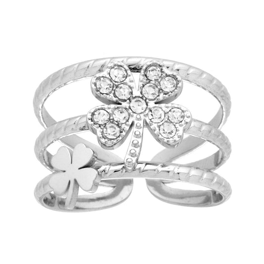 Ring mit mehrreihigem Band, mit vierblättrigen Kleeblättern und weißen Kristallen aus Edelstahl. - MeinSchmuckShop