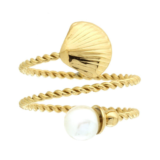 Ring Contrarie Torchon-Faden mit Muschel und Perle aus Stahl in Goldfarbe - MeinSchmuckShop
