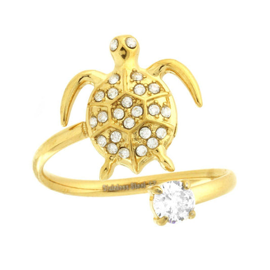 Drahtring mit Schildkröten-Design und Lichtpunkt, weiße Kristalle, Edelstahl, goldfarben - MeinSchmuckShop