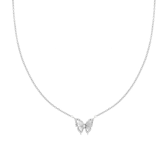 Halskette mit Forzatina-Kette, Schmetterling aus Perlmutt und weißem Kristall aus Edelstahl - MeinSchmuckShop