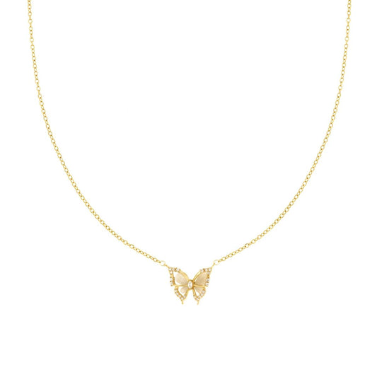 Kette mit Forzatina-Glieder, Schmetterling aus Perlmutt und weiße Kristalle aus Stahl in Goldfarbe - MeinSchmuckShop