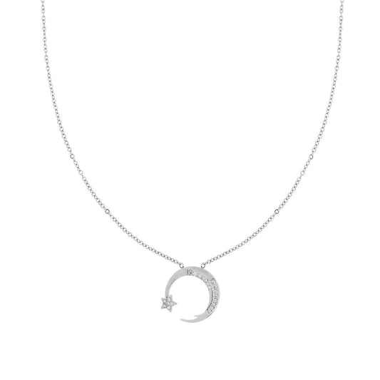 Halskette Forzatina-Kette mit Mond, Stern und Crystal Bianco aus Edelstahl - MeinSchmuckShop