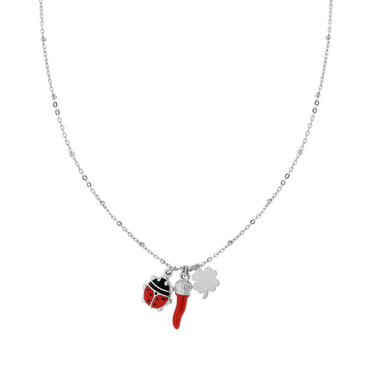 Halskette mit diamantierter Kette und Glücks-Charms: Horn, Marienkäfer mit roter Emaille und Vierblattkleeblatt aus Edelstahl - MeinSchmuckShop