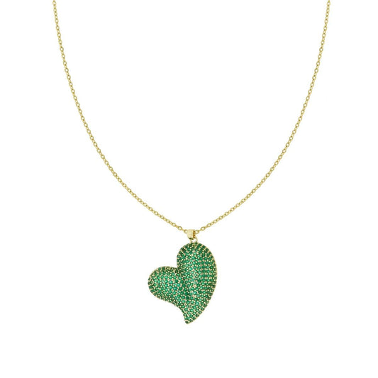 Kette Forzatina mit gewölptem Herz und smaragdgrünem Kristall aus Edelstahl und Messing, goldfarben - MeinSchmuckShop