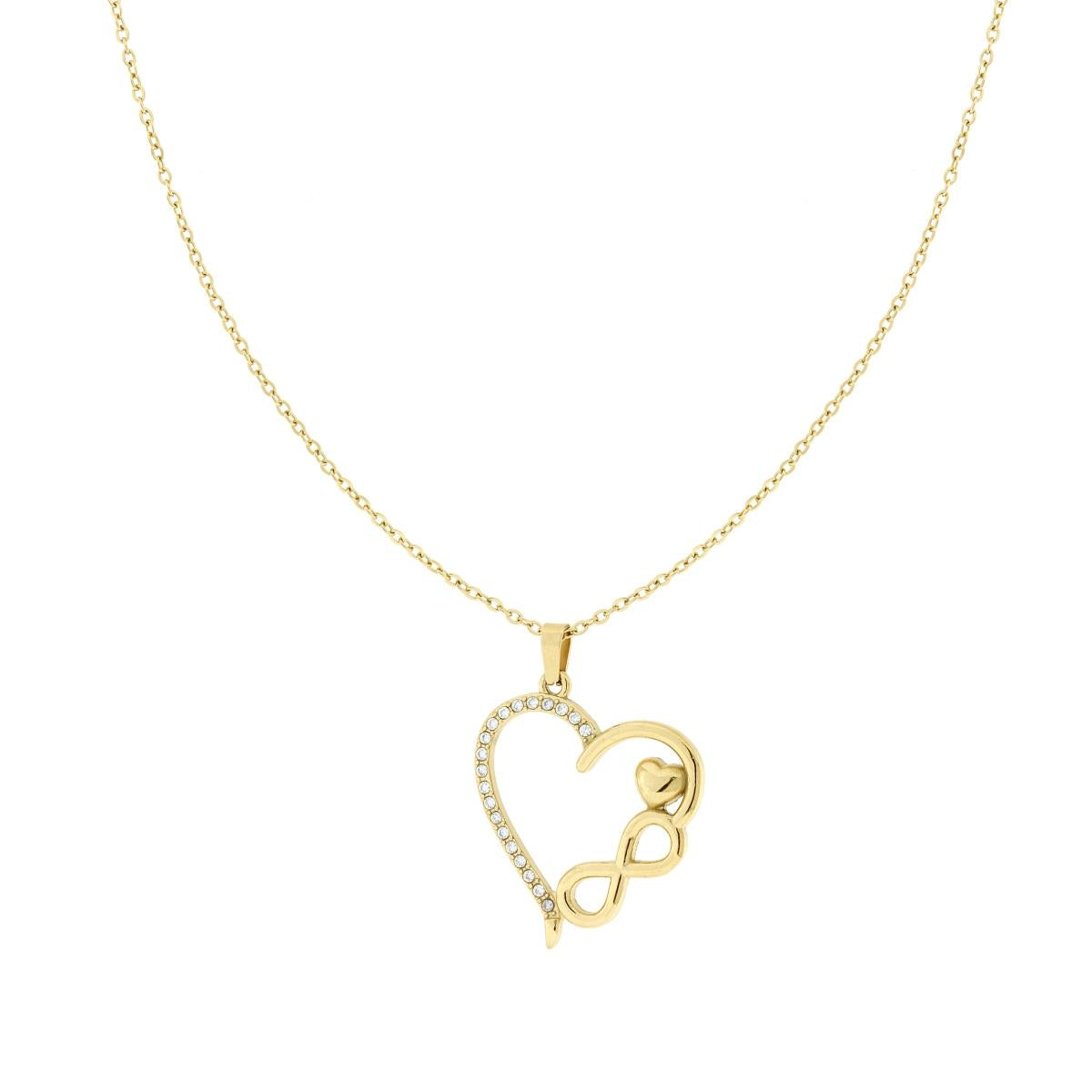 Halskette mit diamantierter Forzatina-Kette, Herz und Unendlichkeit, mit weißen Kristallen, Edelstahl, goldfarben - MeinSchmuckShop
