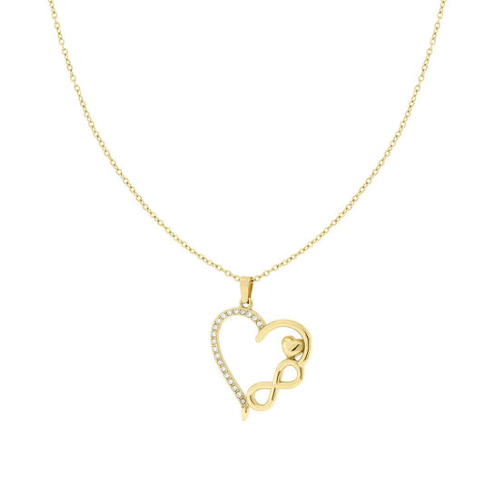 Halskette mit diamantierter Forzatina-Kette, Herz und Unendlichkeit, mit weißen Kristallen, Edelstahl, goldfarben - MeinSchmuckShop
