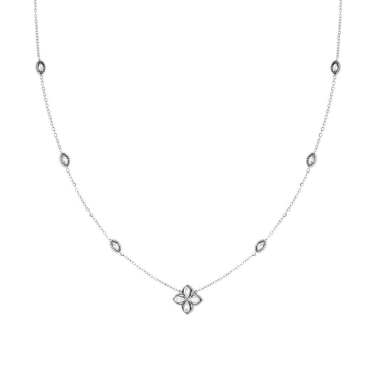 Halskette mit diamantierter Forzatina-Kette, Vierblättrigem Kleeblatt und Marquise mit weißen Kristallen aus Edelstahl - MeinSchmuckShop