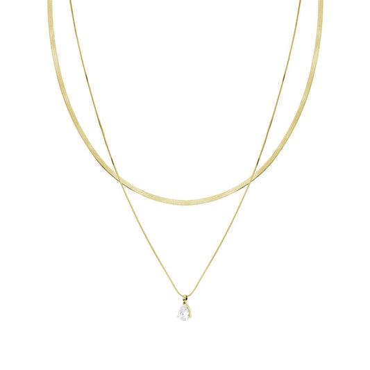 Zweistrang-Halskette mit Maus-Schwanzkette, Magik, Lichtpunkt, weiße Kristall-Tropfen, Anhänger aus Edelstahl goldfarben - MeinSchmuckShop