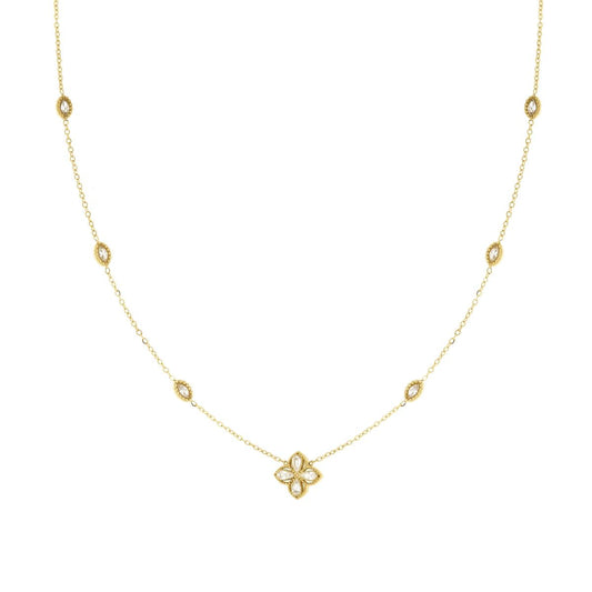 Kette mit diamantierter Forzatina-Kette, Kleeblatt und Marquis mit weißen Kristallen, aus Edelstahl in Goldfarbe - MeinSchmuckShop