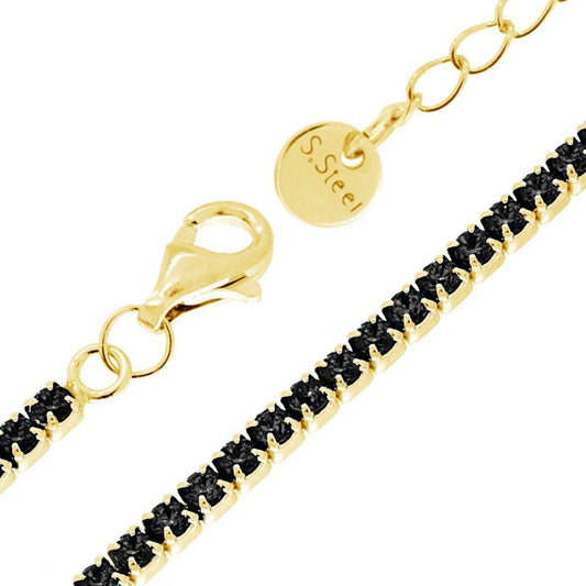Tennisarmband Griffe cm 17+5 mit Kristall 2 mm Schwarz, Edelstahl, goldfarben - MeinSchmuckShop