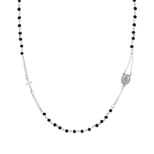 Rosario-Kette Modell Rundhals, Länge 50+5 cm, mit schwarzen Crystal-Perlen Ø 3,8 mm aus Edelstahl - MeinSchmuckShop