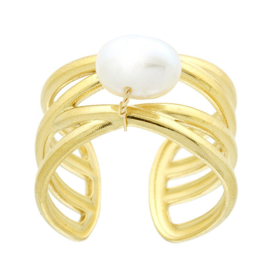 Ring mit breitem Band, Mehrdraht mit Perle, aus Stahl, goldfarben - MeinSchmuckShop