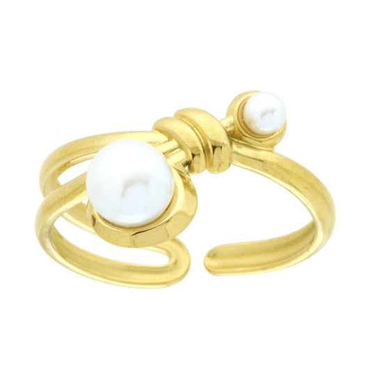 Ring aus Draht mit Knoten und weißen Perlen aus Edelstahl, goldfarben. - MeinSchmuckShop