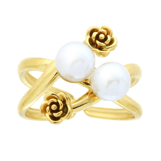 Ring aus Draht mit weißen Perlen und Rosen aus Edelstahl in Goldfarbe. - MeinSchmuckShop