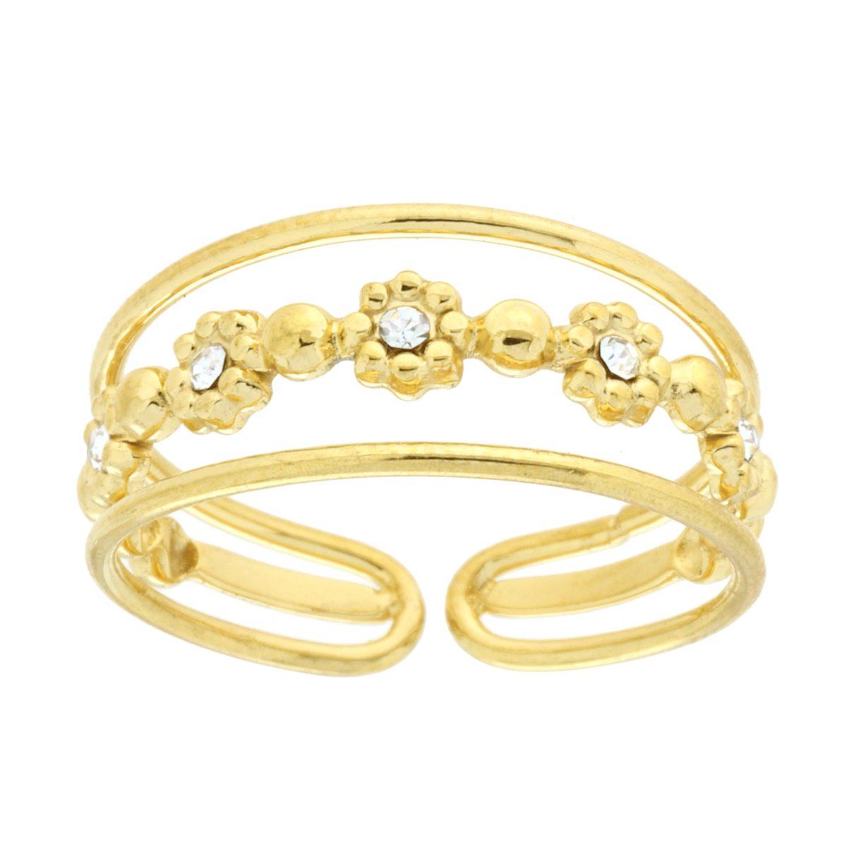 Ring mit drei Strängen, mit Blüten und weißen Kristallen aus Edelstahl in Goldfarbe - MeinSchmuckShop