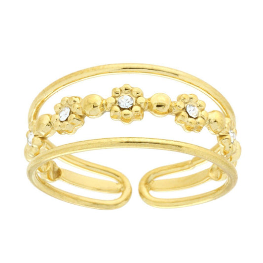 Ring mit drei Strängen, mit Blüten und weißen Kristallen aus Edelstahl in Goldfarbe - MeinSchmuckShop