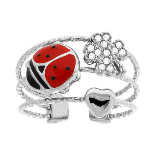Ring mit diamantierter Bandkante, mit Marienkäfer, rotem Emaille-Herz und Vierblättrigem Kleeblatt mit weißen Kristallen, aus Edelstahl - MeinSchmuckShop