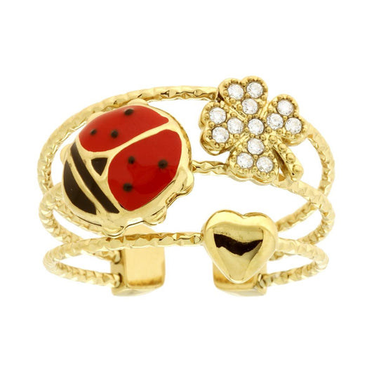 Ring mit diamantierter Bandkante, mit Marienkäfer, roter Emaille, Herz und Kleeblatt, mit weißen Kristallen, aus Edelstahl, goldfarben. - MeinSchmuckShop