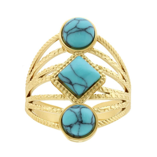 Ring mit mehrsträngigem Band und türkisfarbenen Steinen, Edelstahl im Goldton - MeinSchmuckShop