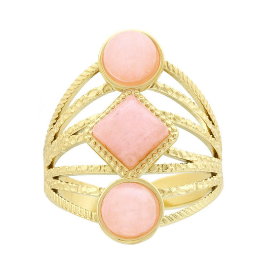 Ring mit breitem Multifilamentband, mit Rosaquarz-Farbsteinen, aus Stahl in Goldfarbe. - MeinSchmuckShop