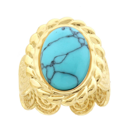 Ring mit Band, Spiralen, Seil-Optik, ovalem Stein türkis, aus Edelstahl, goldfarben - MeinSchmuckShop